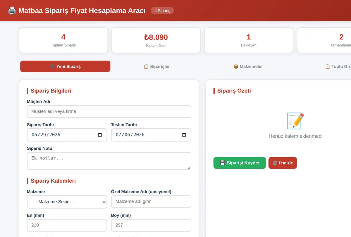 Matbaa Sipariş Fiyat Hesaplama Aracı ekran görüntüsü