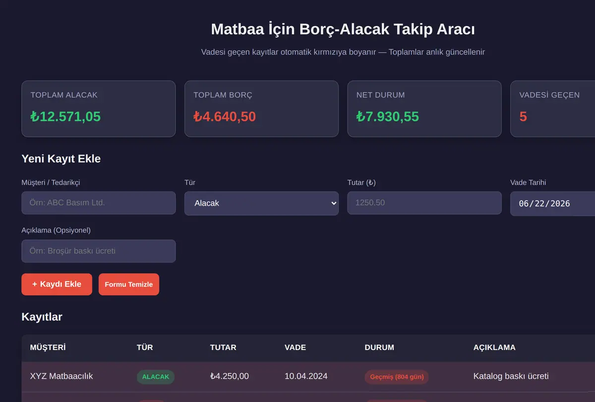Matbaa İçin Borç-Alacak Takip Aracı ekran görüntüsü