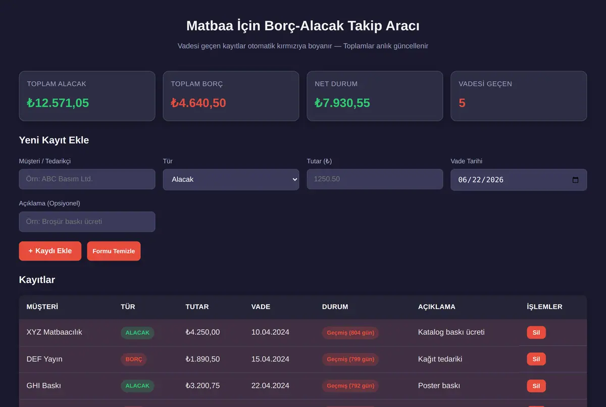 Matbaa İçin Borç-Alacak Takip Aracı ekran görüntüsü 2