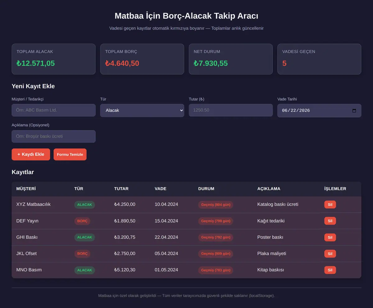 Matbaa İçin Borç-Alacak Takip Aracı ekran görüntüsü 3