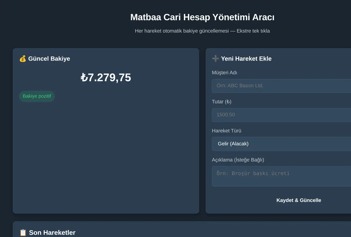 Matbaa Cari Hesap Yönetimi Aracı ekran görüntüsü