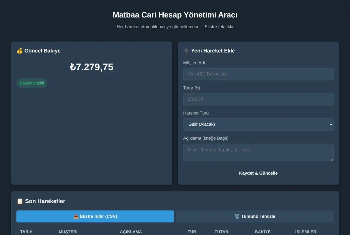 Matbaa Cari Hesap Yönetimi Aracı ekran görüntüsü 2