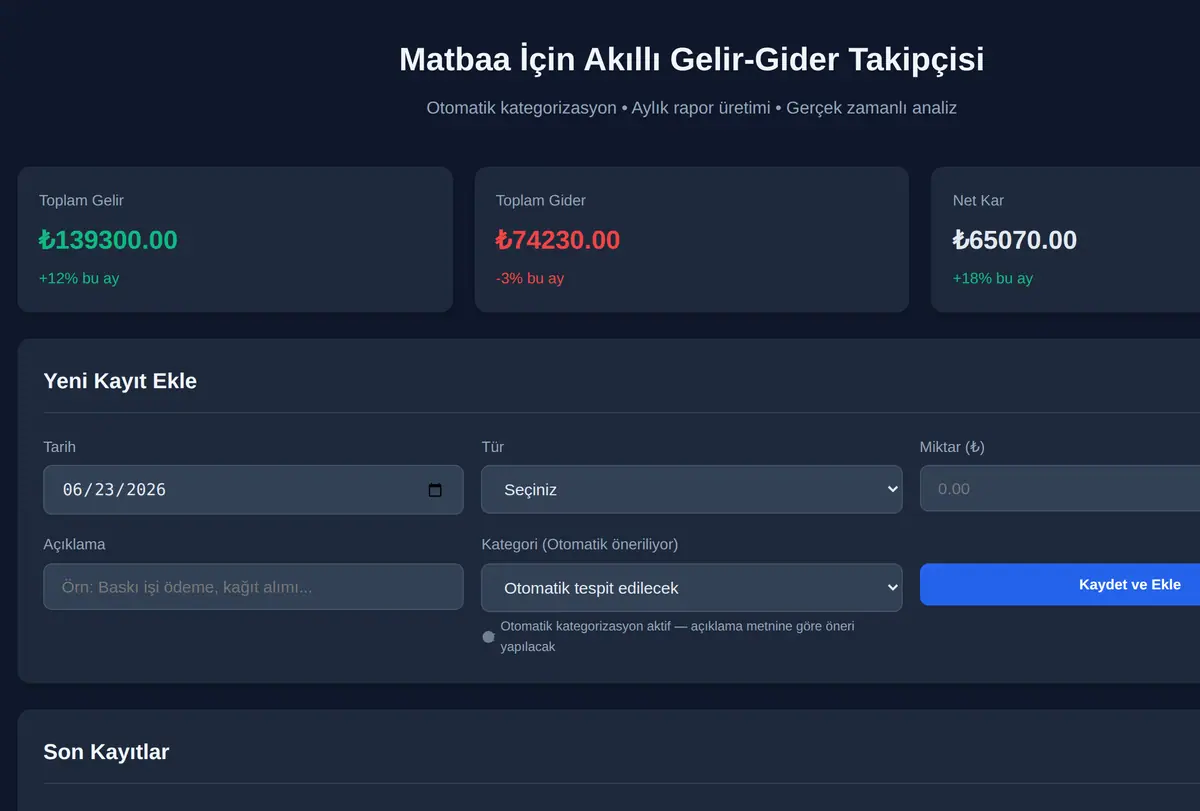 Matbaa İçin Akıllı Gelir-Gider Takipçisi ekran görüntüsü