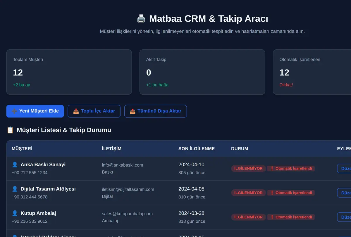 Matbaa CRM & Takip Aracı ekran görüntüsü