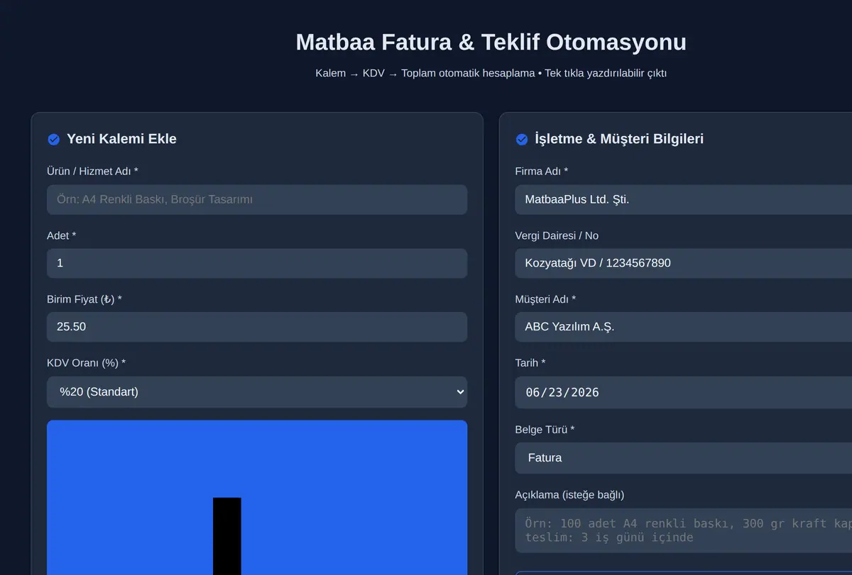 Matbaa Fatura & Teklif Otomasyonu ekran görüntüsü