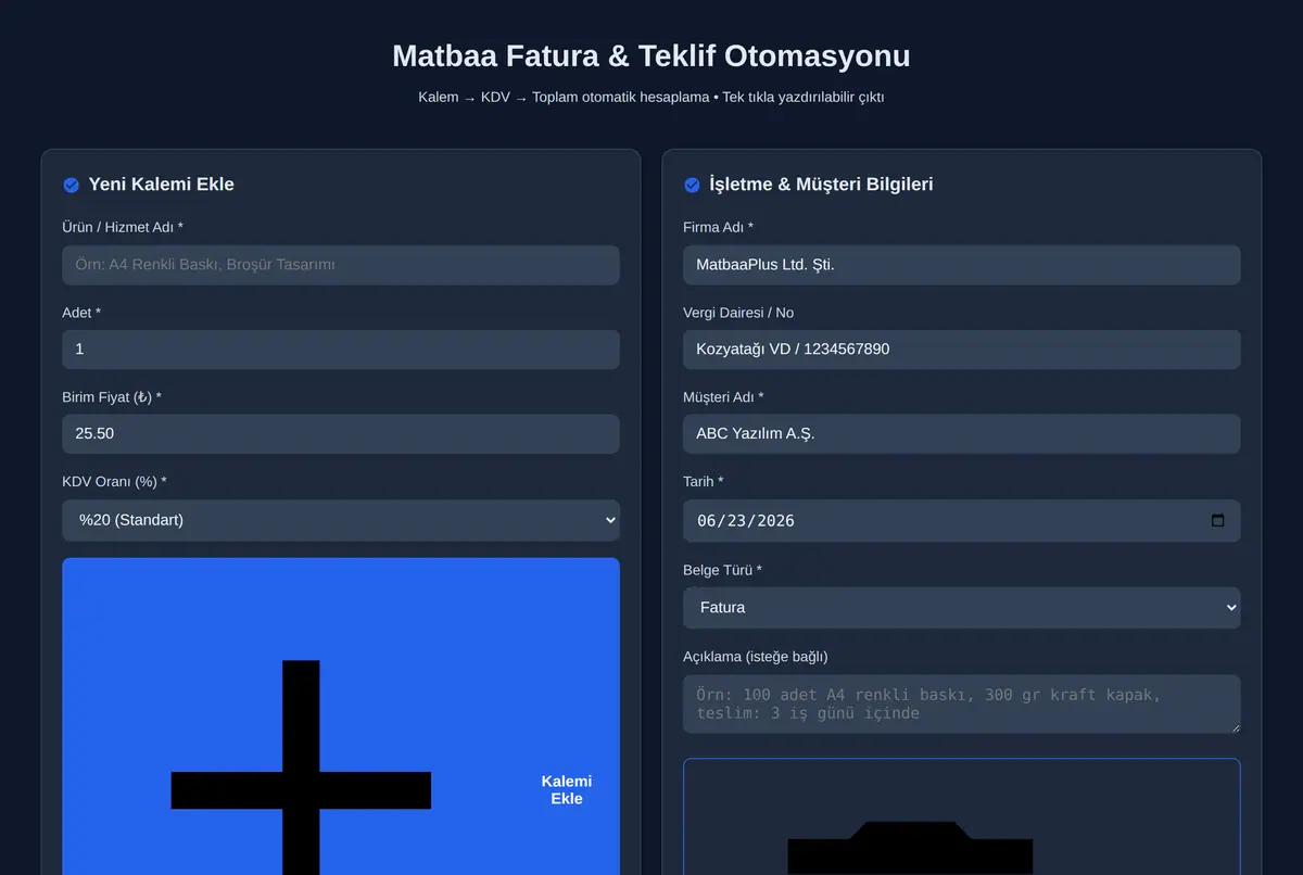 Matbaa Fatura & Teklif Otomasyonu ekran görüntüsü 2