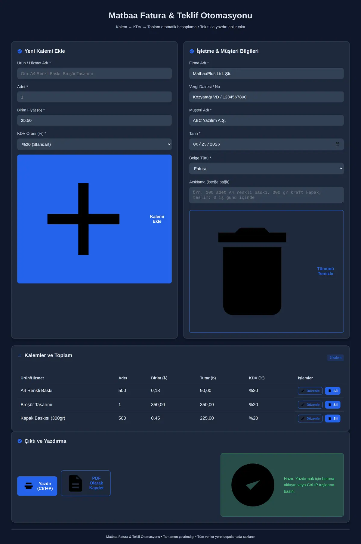 Matbaa Fatura & Teklif Otomasyonu ekran görüntüsü 3