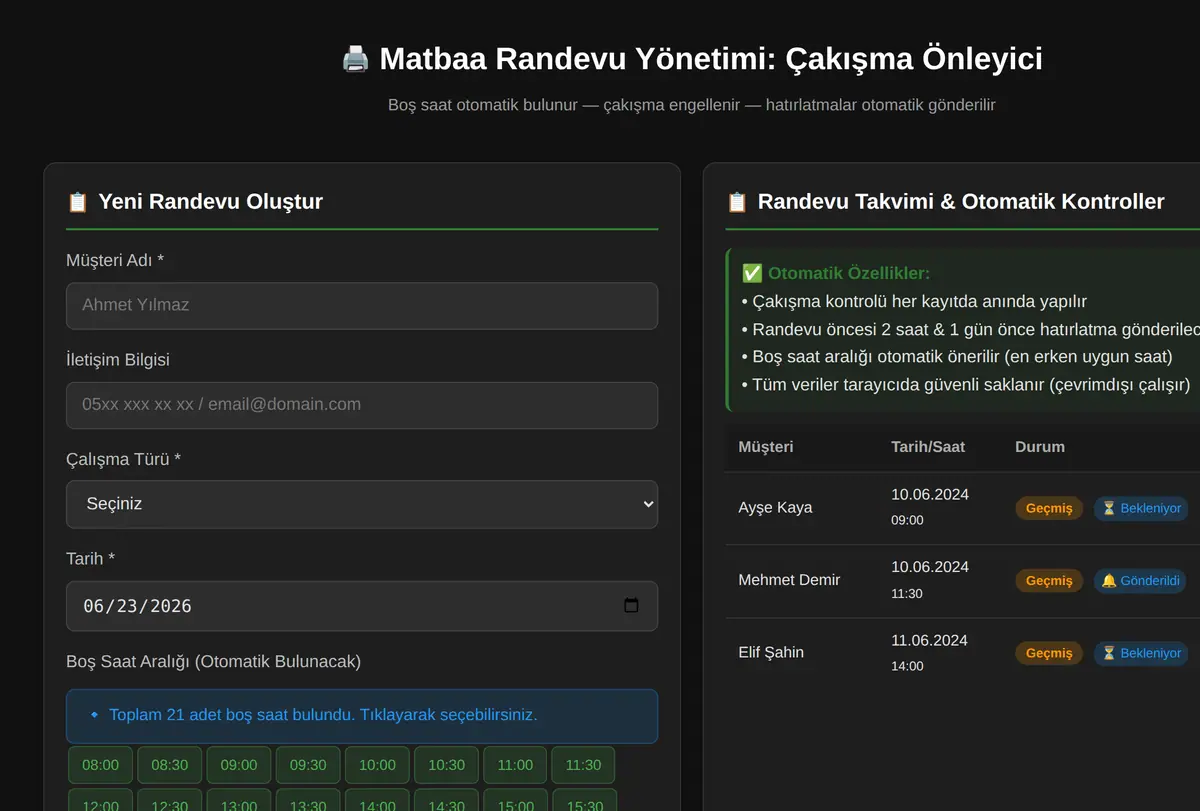 Matbaa Randevu Yönetimi: Çakışma Önleyici ekran görüntüsü