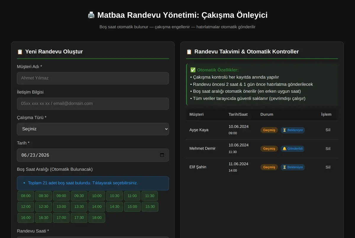 Matbaa Randevu Yönetimi: Çakışma Önleyici ekran görüntüsü 2