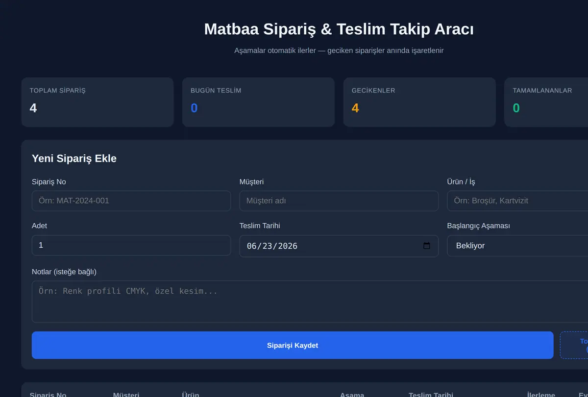 Matbaa Sipariş & Teslim Takip Aracı ekran görüntüsü