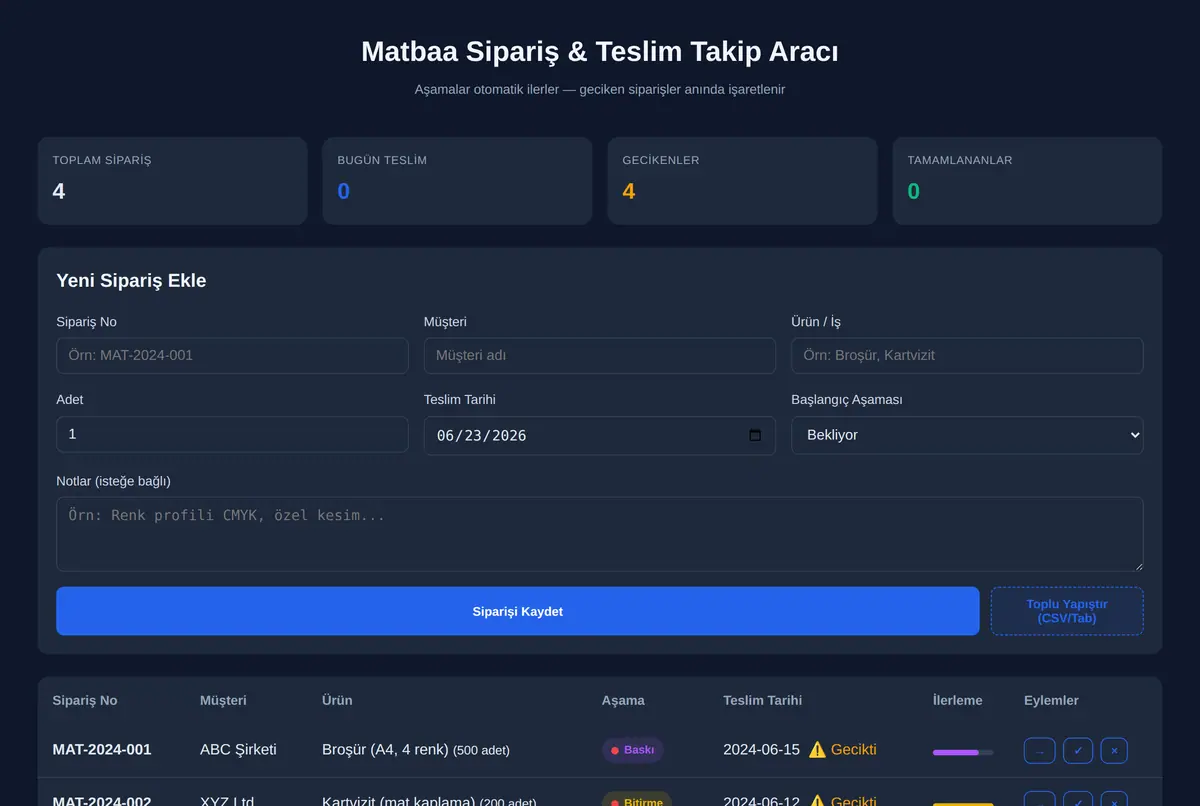 Matbaa Sipariş & Teslim Takip Aracı ekran görüntüsü 2