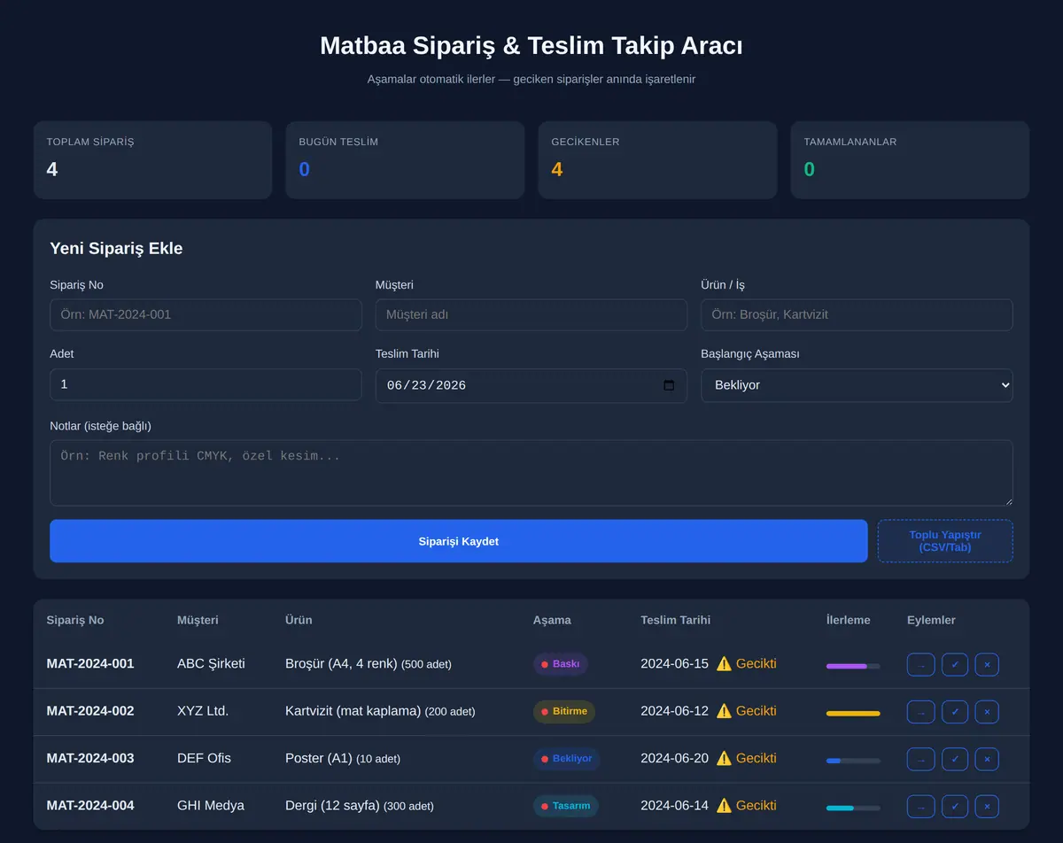 Matbaa Sipariş & Teslim Takip Aracı ekran görüntüsü 3
