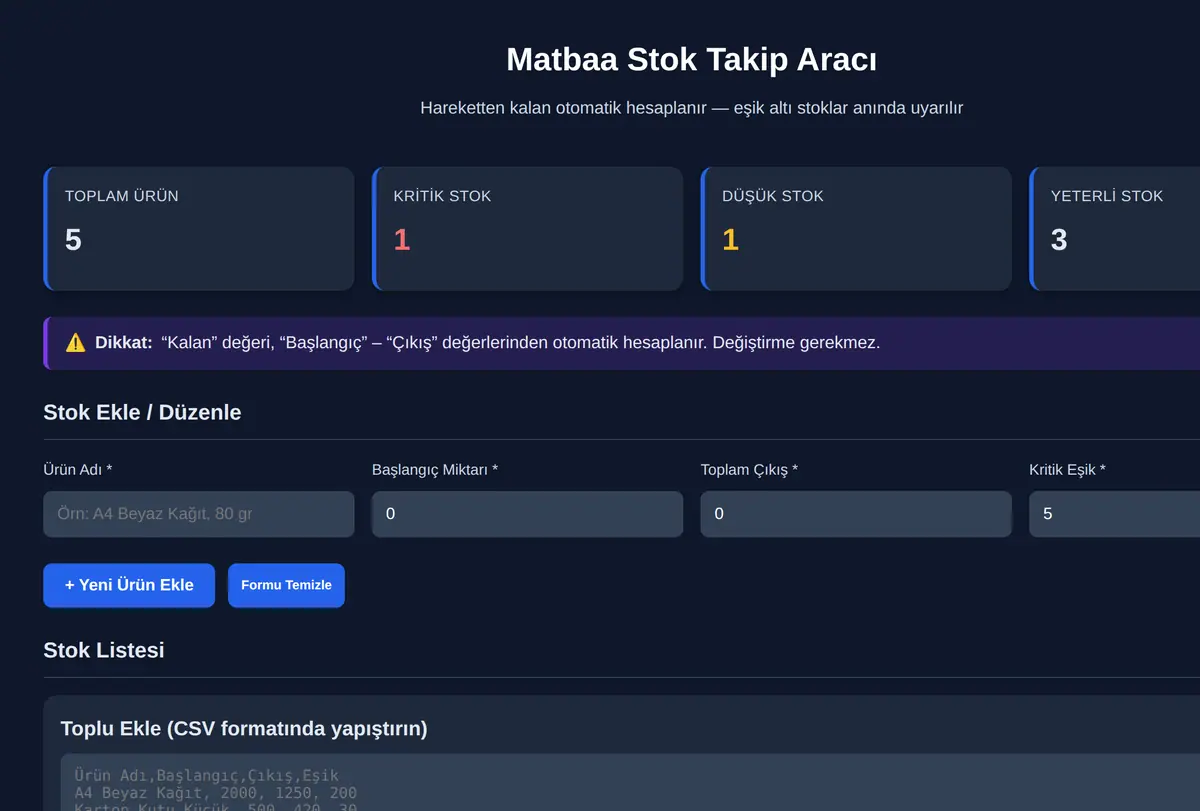 Matbaa Stok Takip Aracı ekran görüntüsü