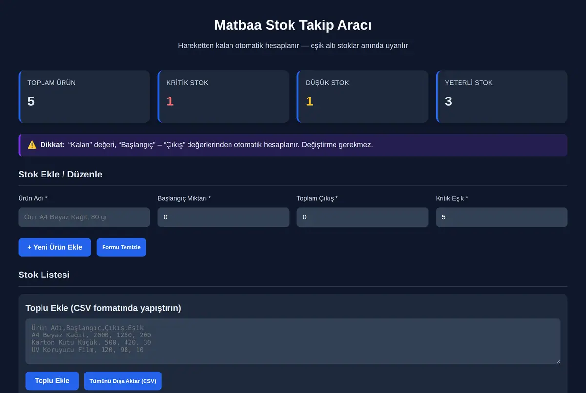 Matbaa Stok Takip Aracı ekran görüntüsü 2