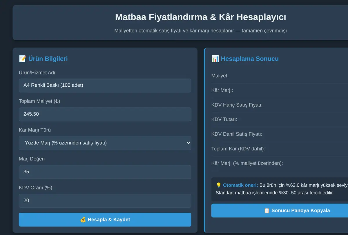 Matbaa Fiyatlandırma & Kâr Hesaplayıcı ekran görüntüsü