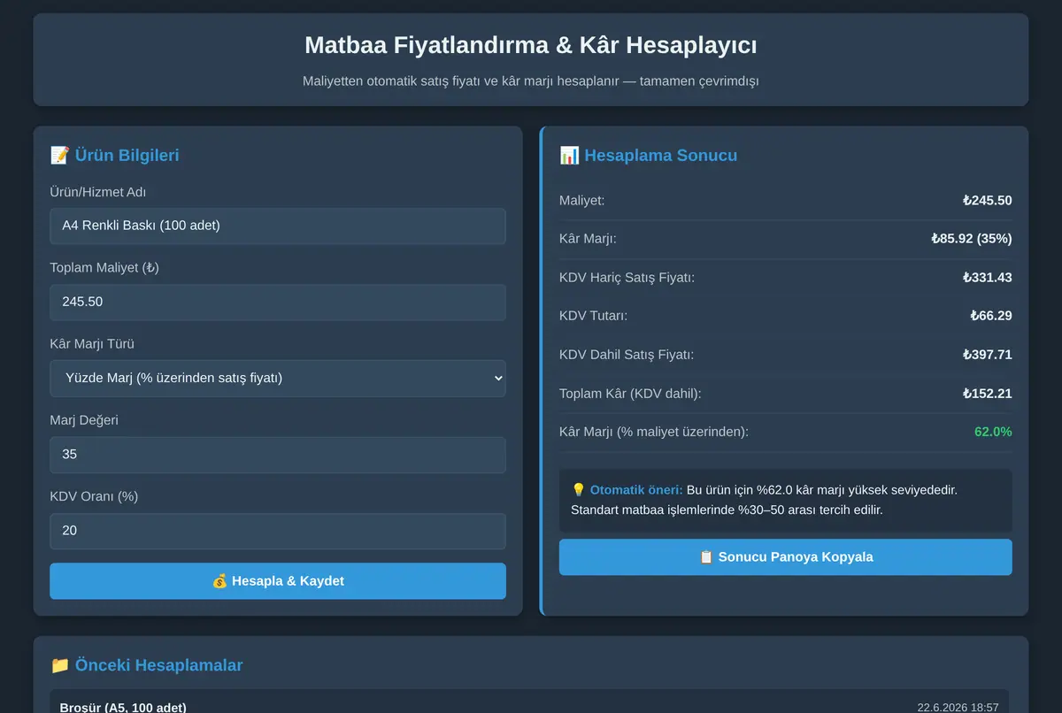 Matbaa Fiyatlandırma & Kâr Hesaplayıcı ekran görüntüsü 2
