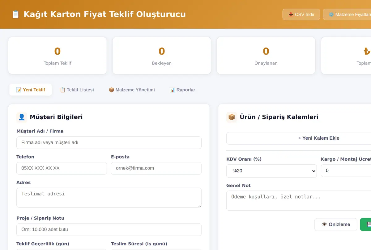 Kağıt Karton Fiyat Teklif Oluşturucu ekran görüntüsü