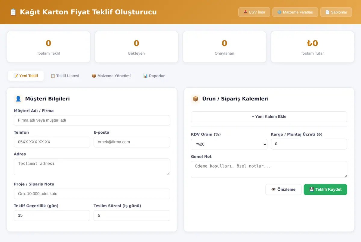 Kağıt Karton Fiyat Teklif Oluşturucu ekran görüntüsü 3