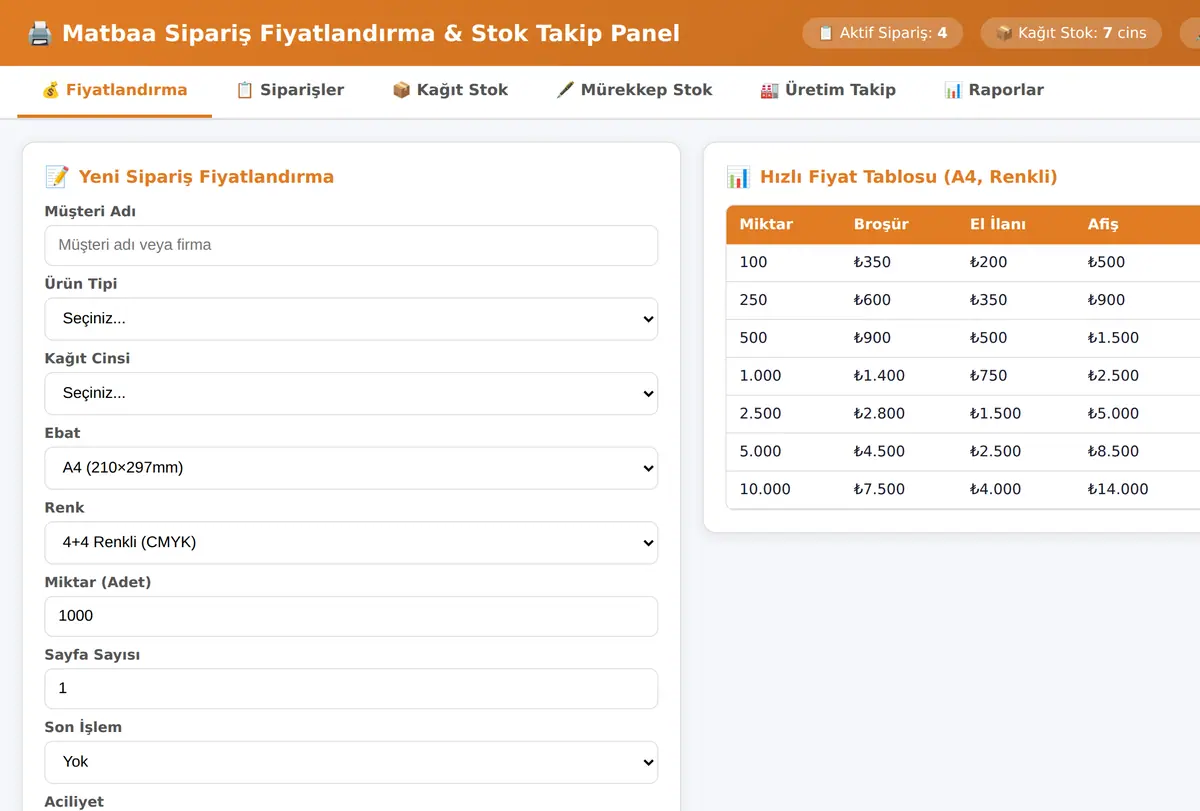 Matbaa Sipariş Fiyatlandırma & Stok Takip Panel ekran görüntüsü