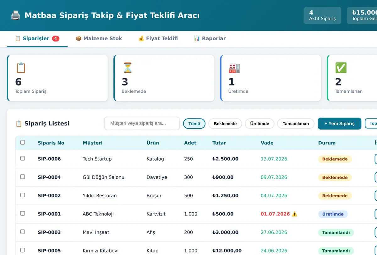 Matbaa Sipariş Takip & Fiyat Teklifi Aracı ekran görüntüsü
