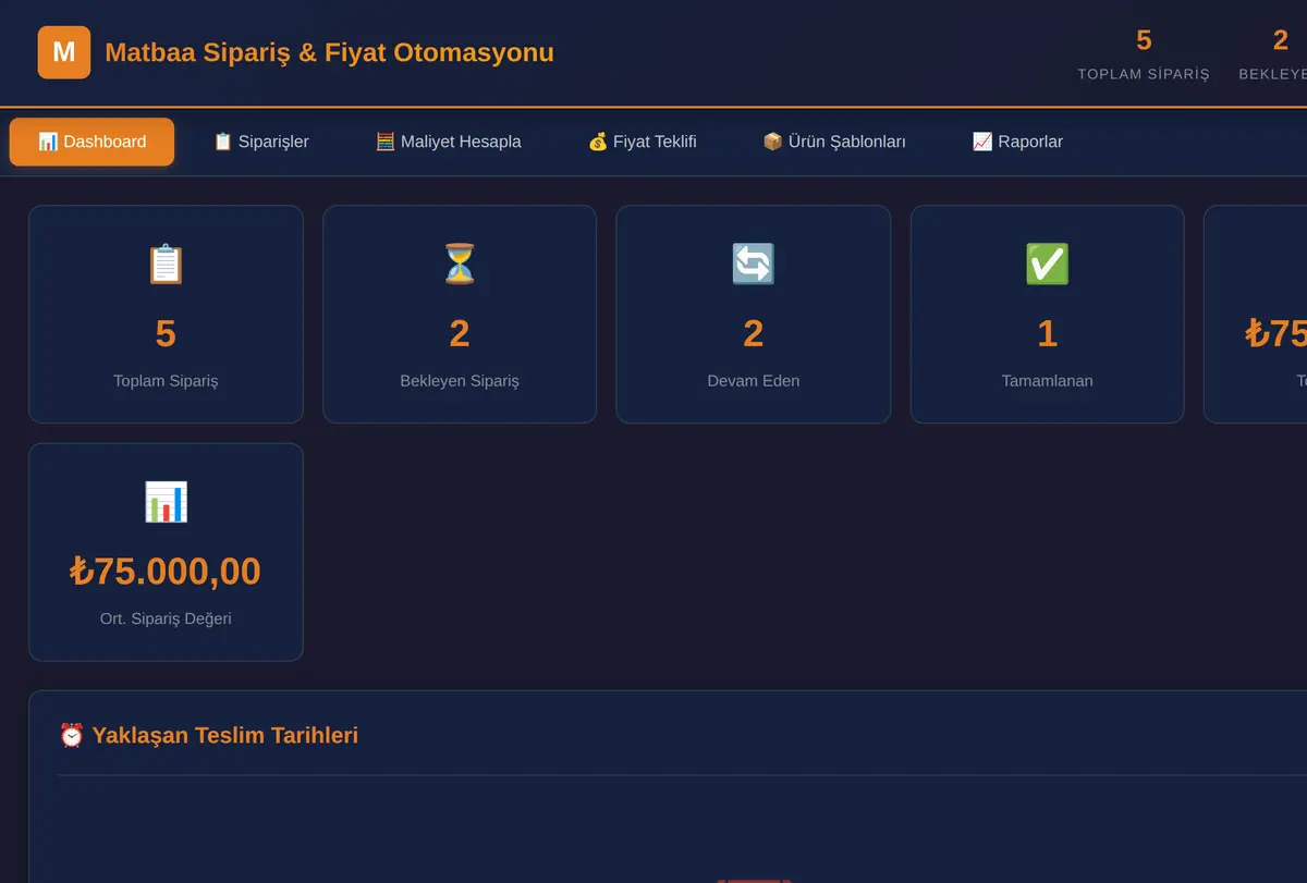 Matbaa Sipariş & Fiyat Otomasyonu ekran görüntüsü