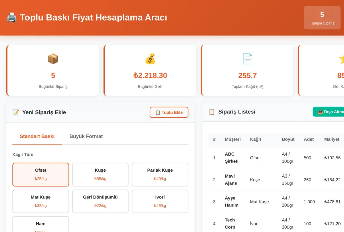 Toplu Baskı Fiyat Hesaplama Aracı ekran görüntüsü