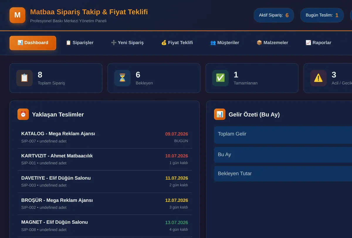 Matbaa Sipariş Takip & Fiyat Teklifi Aracı ekran görüntüsü