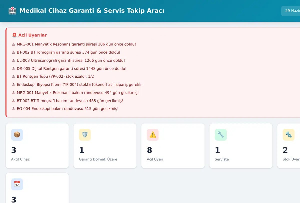 Medikal Cihaz Garanti & Servis Takip Aracı ekran görüntüsü