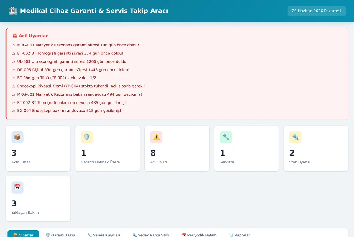 Medikal Cihaz Garanti & Servis Takip Aracı ekran görüntüsü 2
