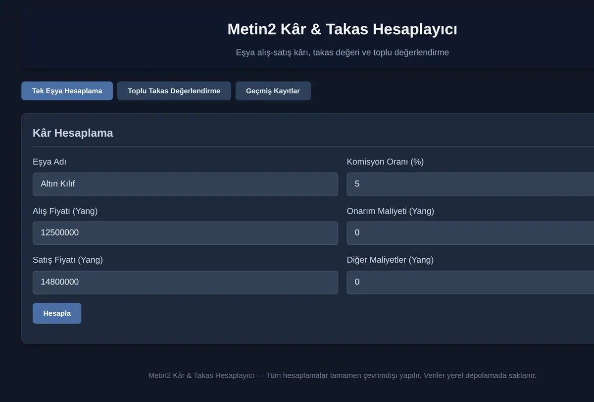 Metin2 Kâr & Takas Hesaplayıcı ekran görüntüsü