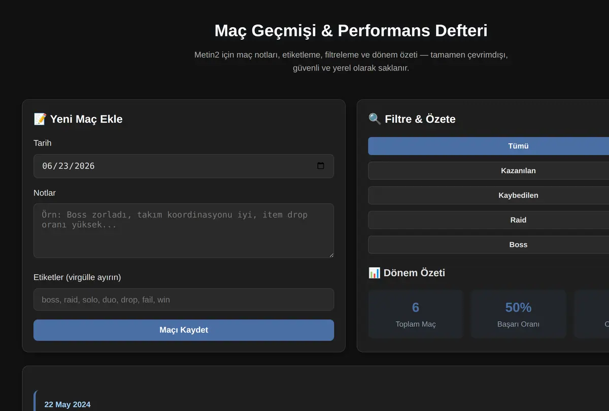 Maç Geçmişi & Performans Defteri ekran görüntüsü
