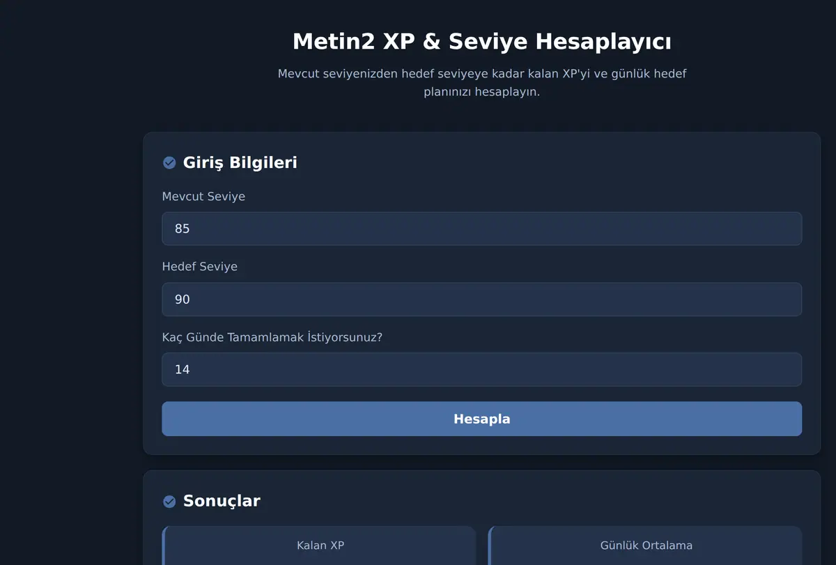 Metin2 XP & Seviye Hesaplayıcı ekran görüntüsü