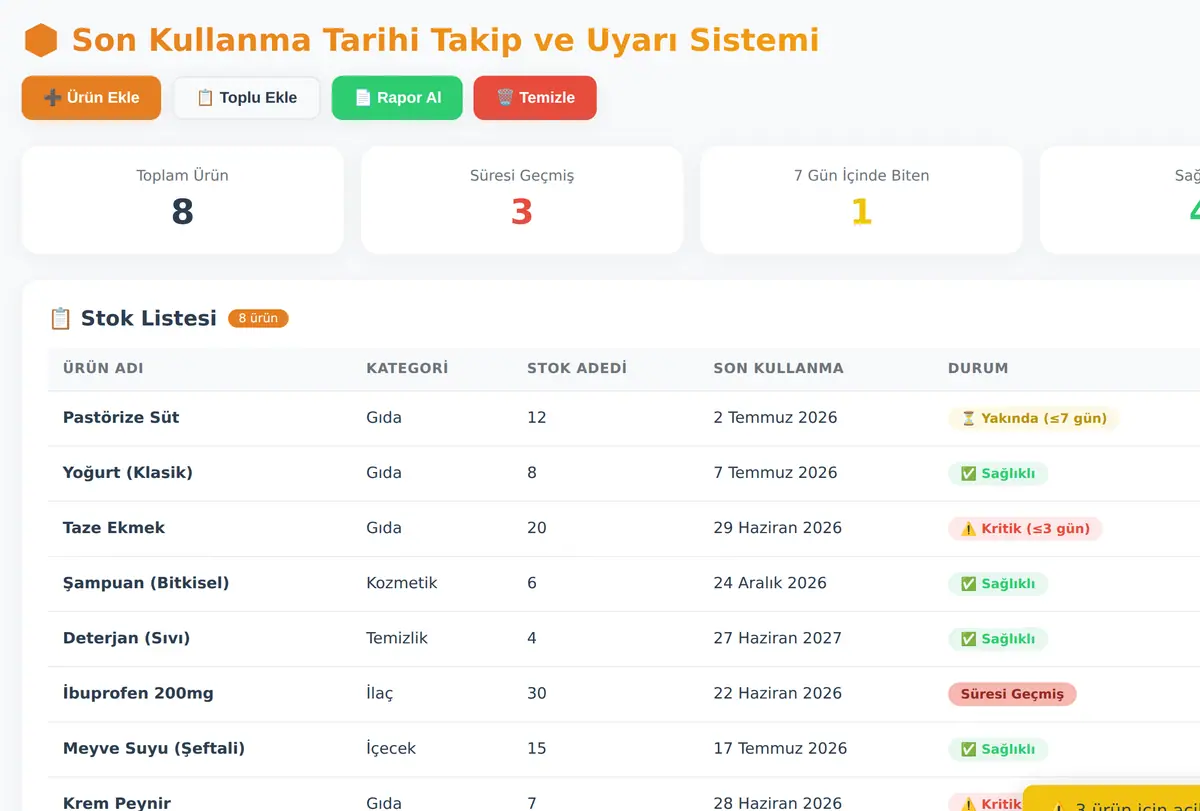 Son Kullanma Tarihi Takip ve Uyarı Sistemi ekran görüntüsü
