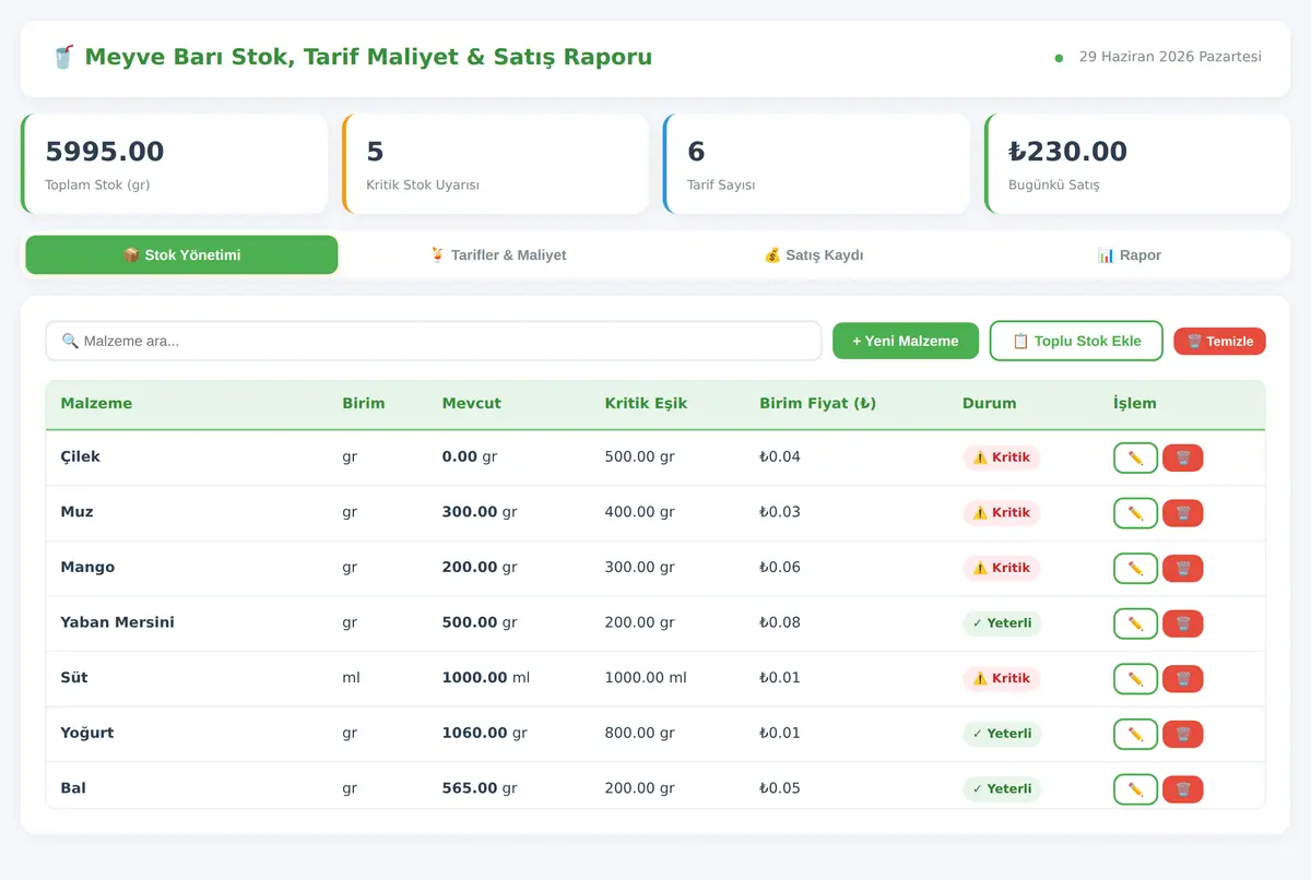 Meyve Barı Stok, Tarif Maliyet & Satış Raporu ekran görüntüsü 3