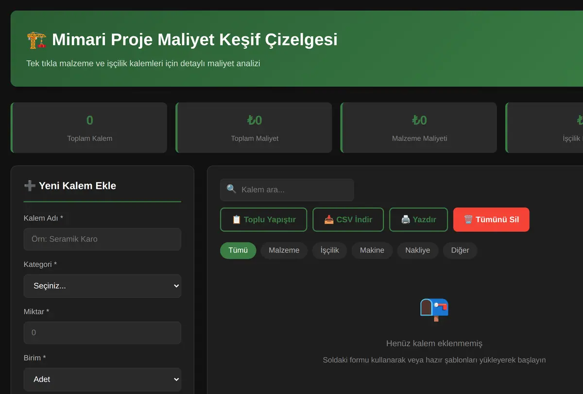 Mimari Proje Maliyet Keşif Çizelgesi Aracı ekran görüntüsü