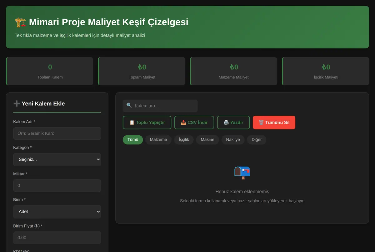 Mimari Proje Maliyet Keşif Çizelgesi Aracı ekran görüntüsü 2