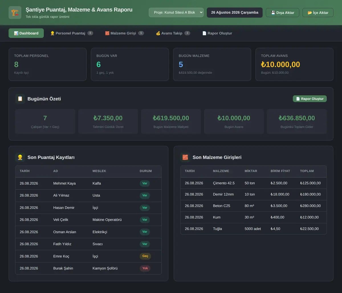 Şantiye Puantaj, Malzeme & Avans Raporu ekran görüntüsü 3