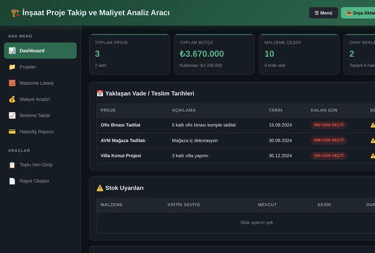 İnşaat Proje Takip ve Maliyet Analiz Aracı ekran görüntüsü