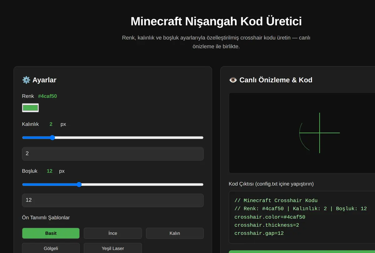 Minecraft Nişangah Kod Üretici ekran görüntüsü