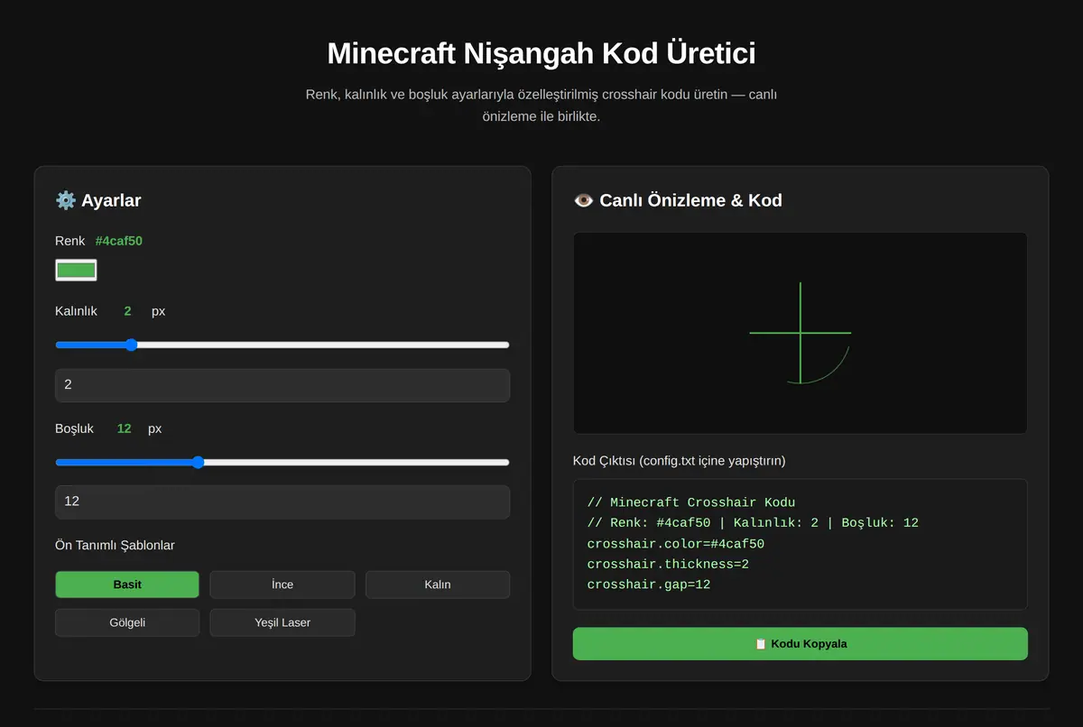 Minecraft Nişangah Kod Üretici ekran görüntüsü 2