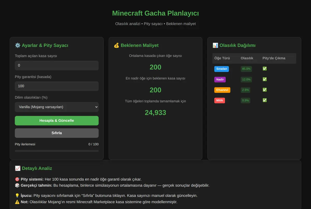 Minecraft Gacha Planlayıcı - Olasılık & Pity Hesaplayıcı ekran görüntüsü 2