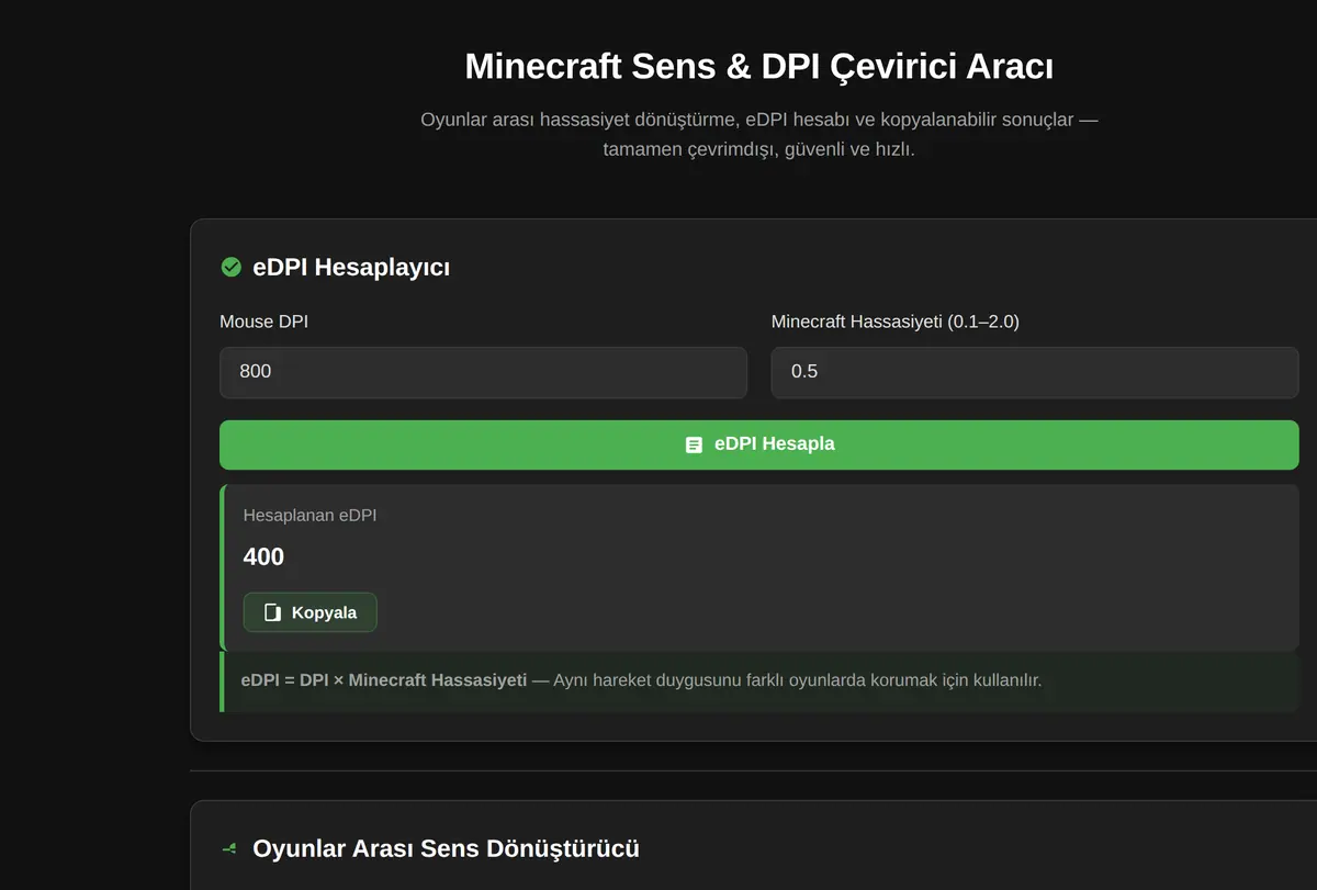 Minecraft Sens & DPI Çevirici Aracı ekran görüntüsü