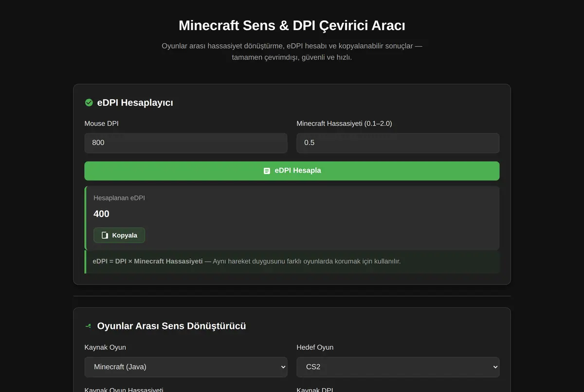 Minecraft Sens & DPI Çevirici Aracı ekran görüntüsü 2