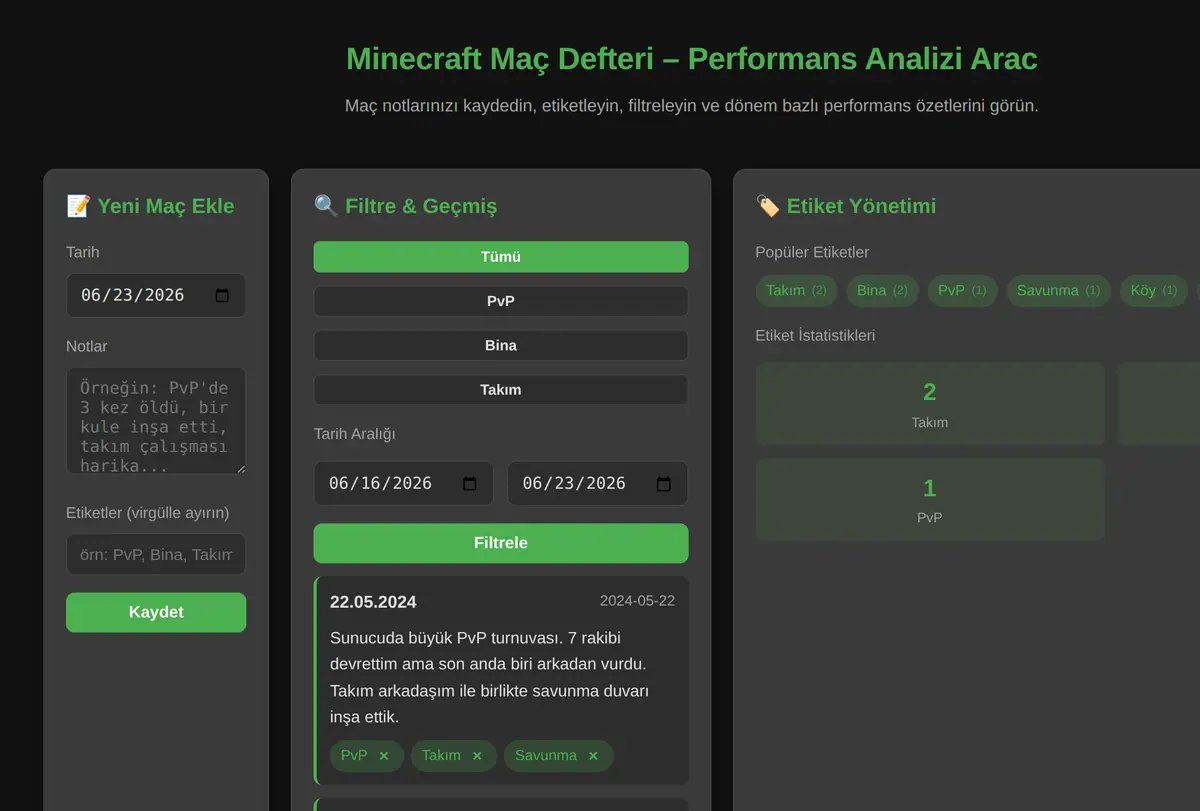 Minecraft Maç Defteri - Performans Analizi Arac ekran görüntüsü