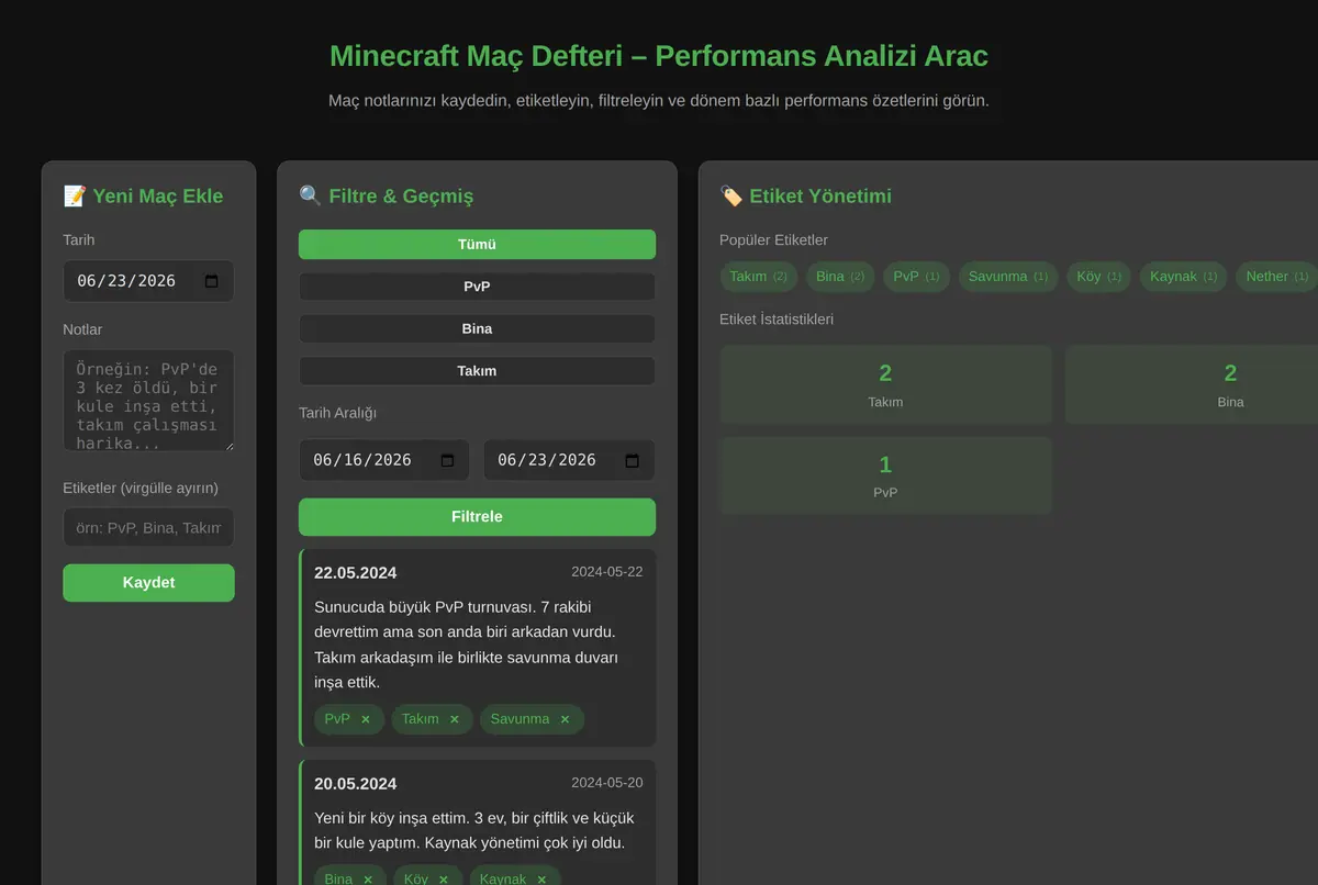 Minecraft Maç Defteri - Performans Analizi Arac ekran görüntüsü 2