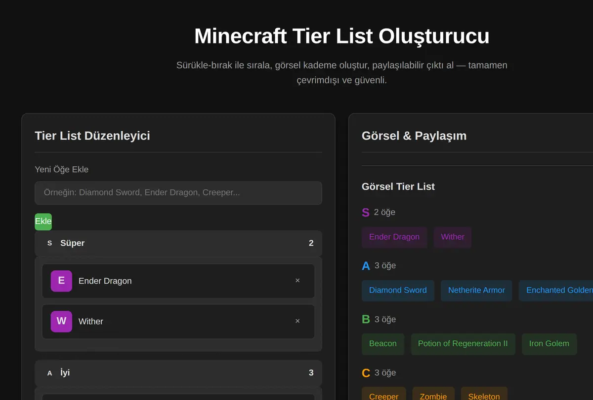 Minecraft Tier List Oluşturucu ekran görüntüsü