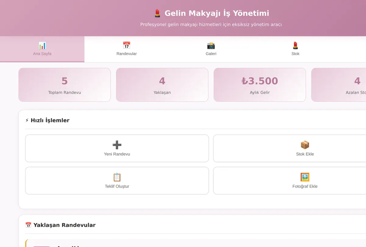 Gelin Makyajı İş Yönetimi Aracı ekran görüntüsü