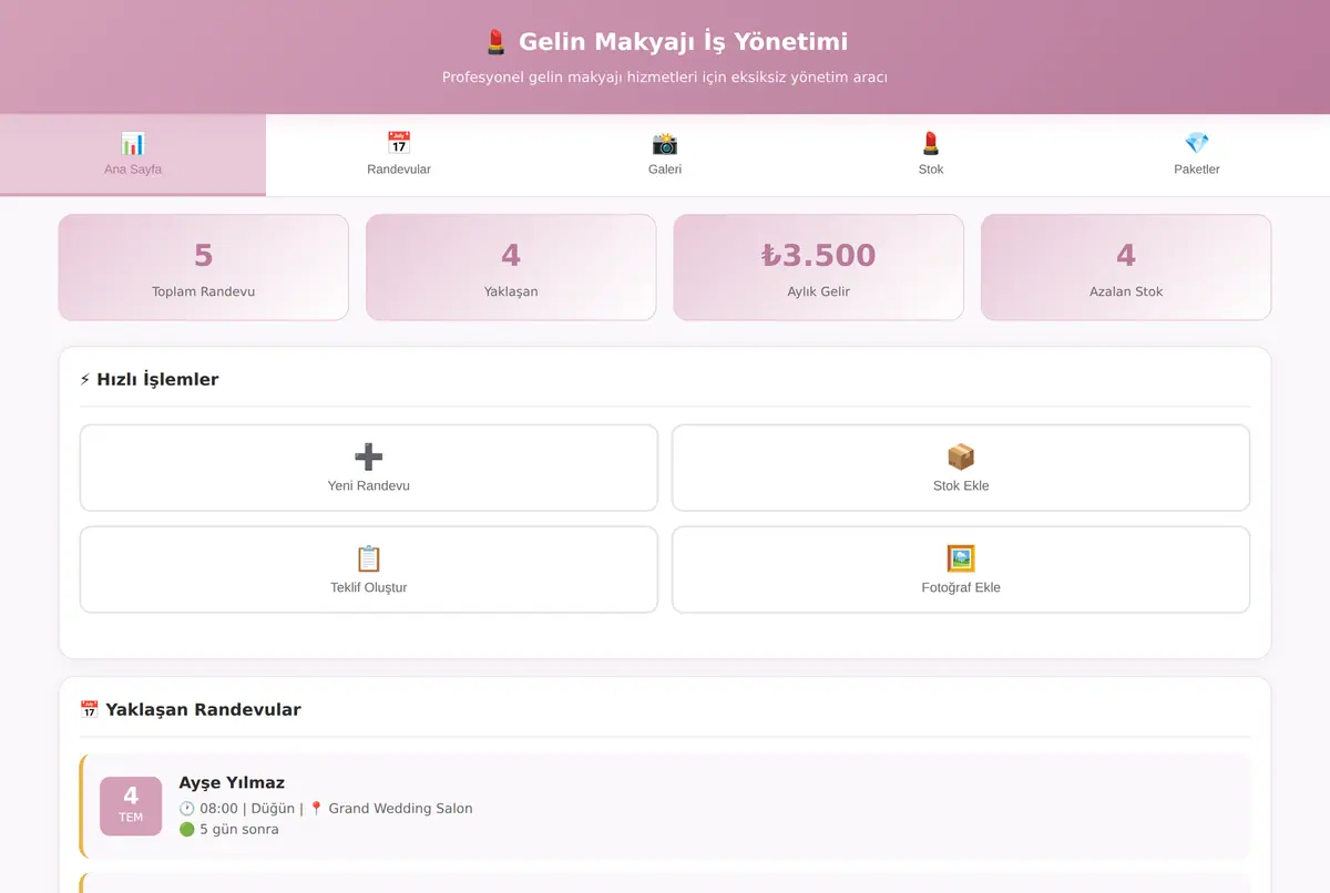 Gelin Makyajı İş Yönetimi Aracı ekran görüntüsü 2