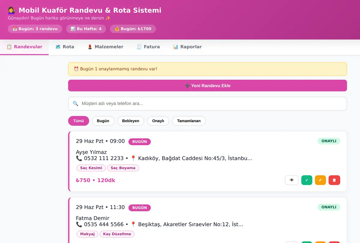 Mobil Kuaför Randevu & Rota Sistemi ekran görüntüsü