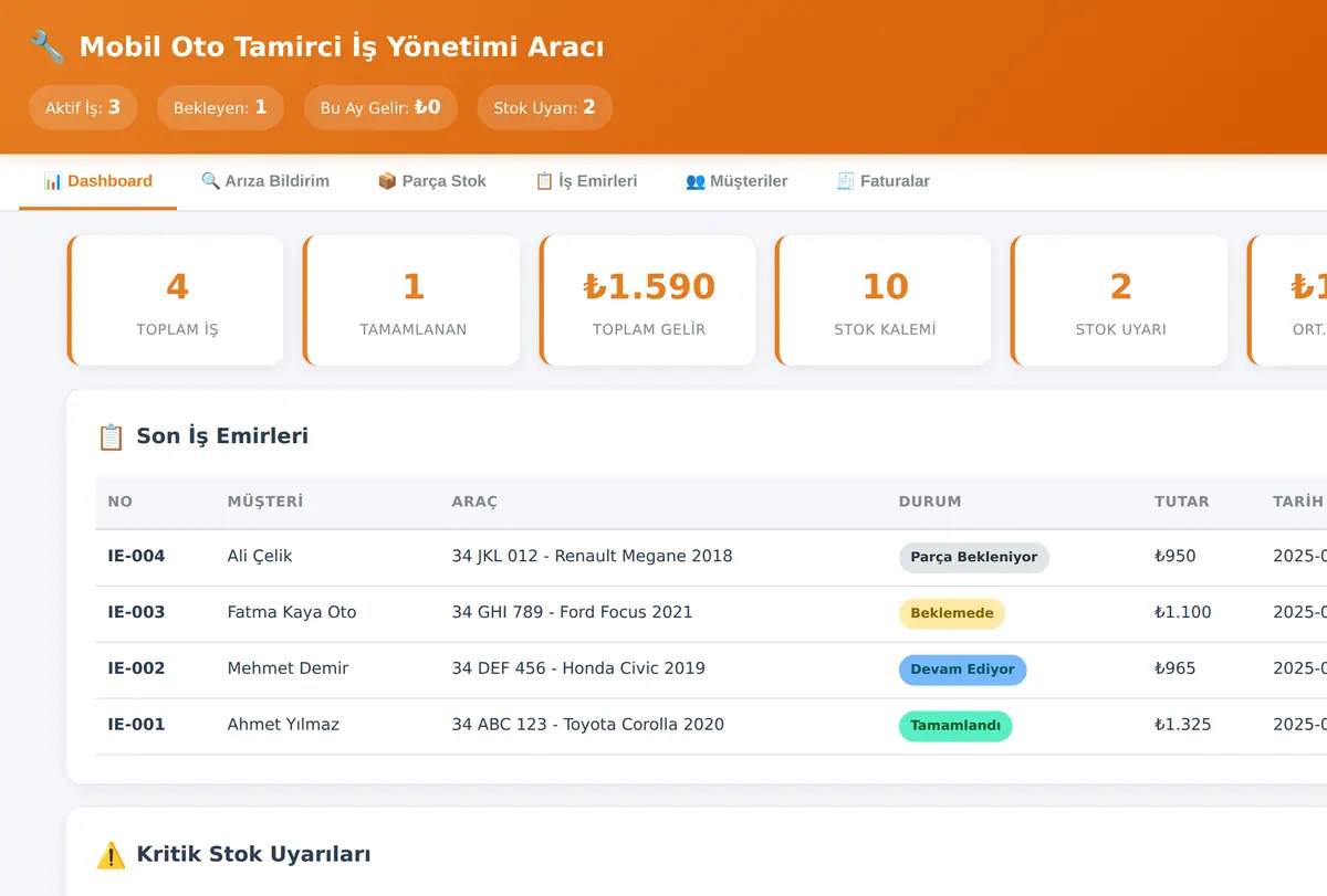 Mobil Oto Tamirci İş Yönetimi Aracı ekran görüntüsü